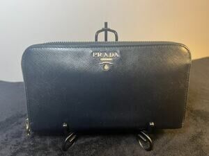 Authentic Prada Saffiano Lux Zip Around Wallet Black Leather Gold Logo Italy